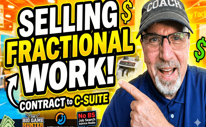 Thumbnail: man in a blue shirt and coach cap points at bold yellow text, 'SELLING FRACTIONAL WORK!' with dollar signs and logos in a bright background, signaling a video about selling fractional consulting.