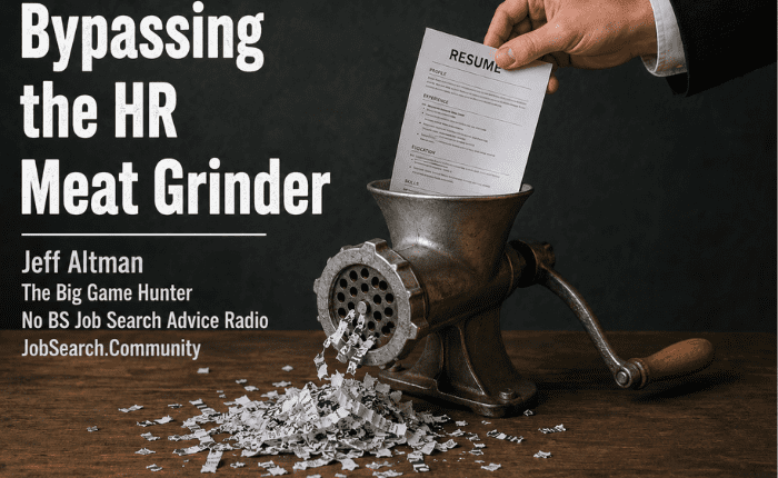 Hand placing a résumé into a meat grinder, paper shreds on a wooden table, with title 'Bypassing the HR Meat Grinder'.
